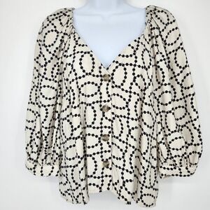 Cream Black Geometric Womens Puff Sleeve Blouse Top Small Modern Contemporary